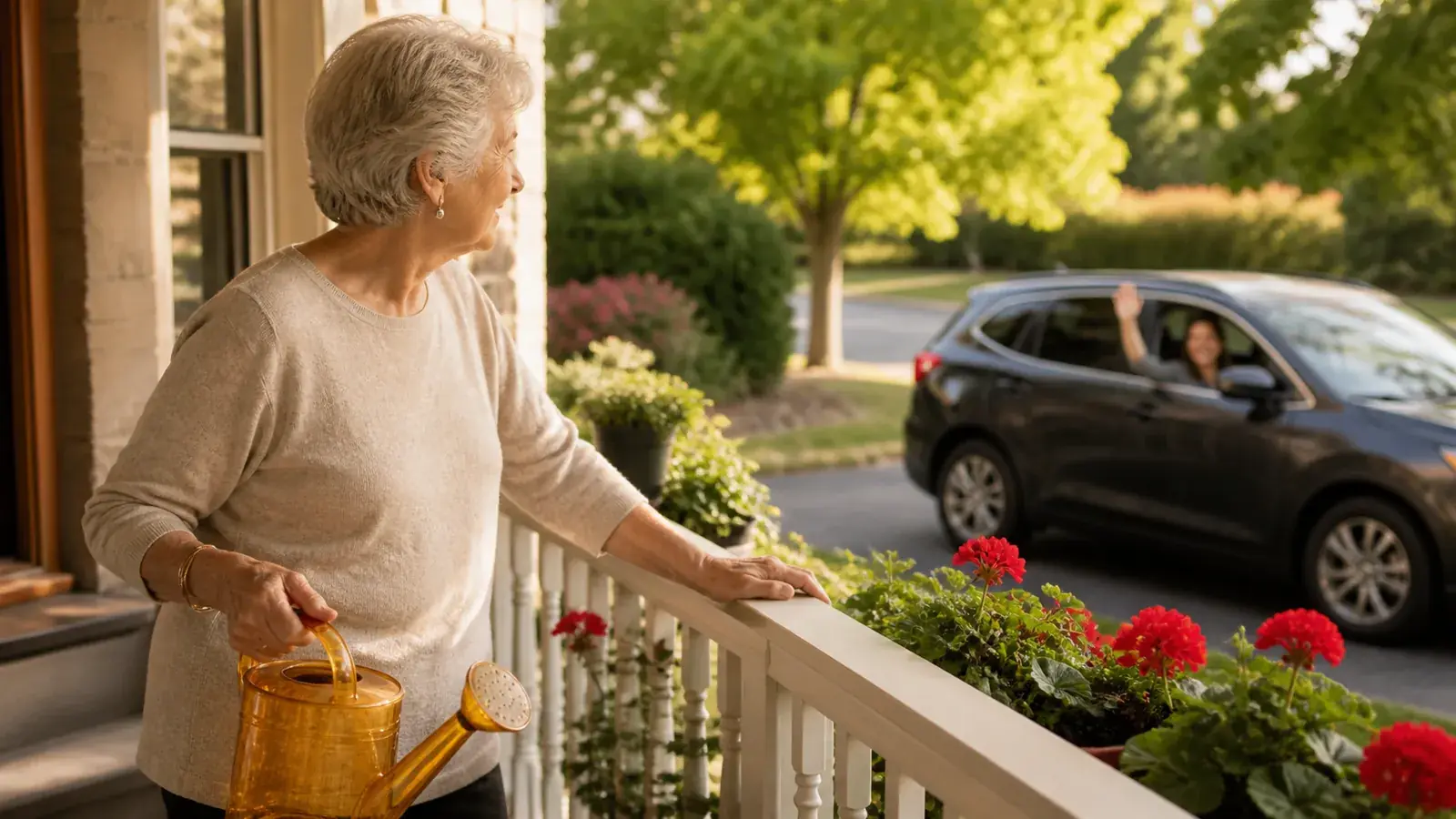 Older woman tending porch flowers by her new handrail as her daughter drives off unworried