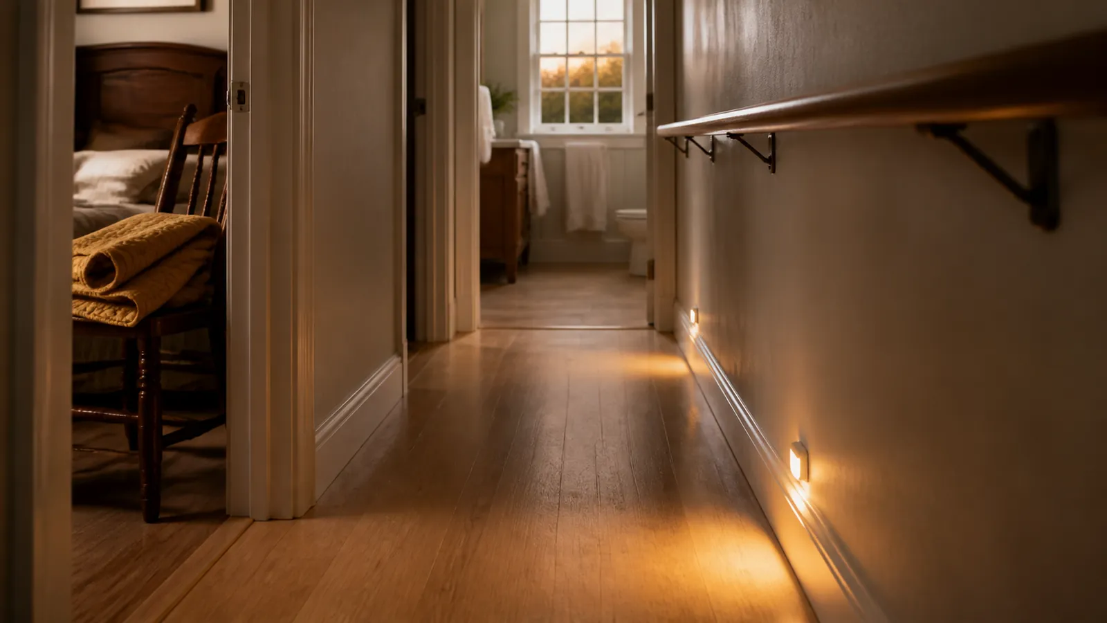 Nightlight lighting a clear, safe bedroom-to-bathroom route in an older adult's home