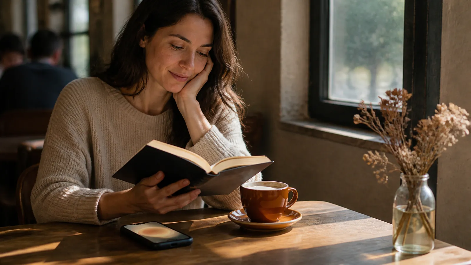 Adult daughter relaxed at a café, phone quiet beside her — peace of mind delivered