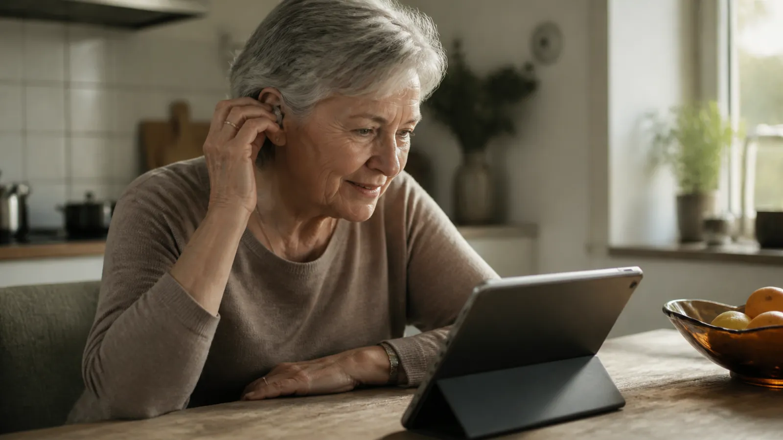 Older woman self-fitting an OTC hearing aid using a tablet app at home
