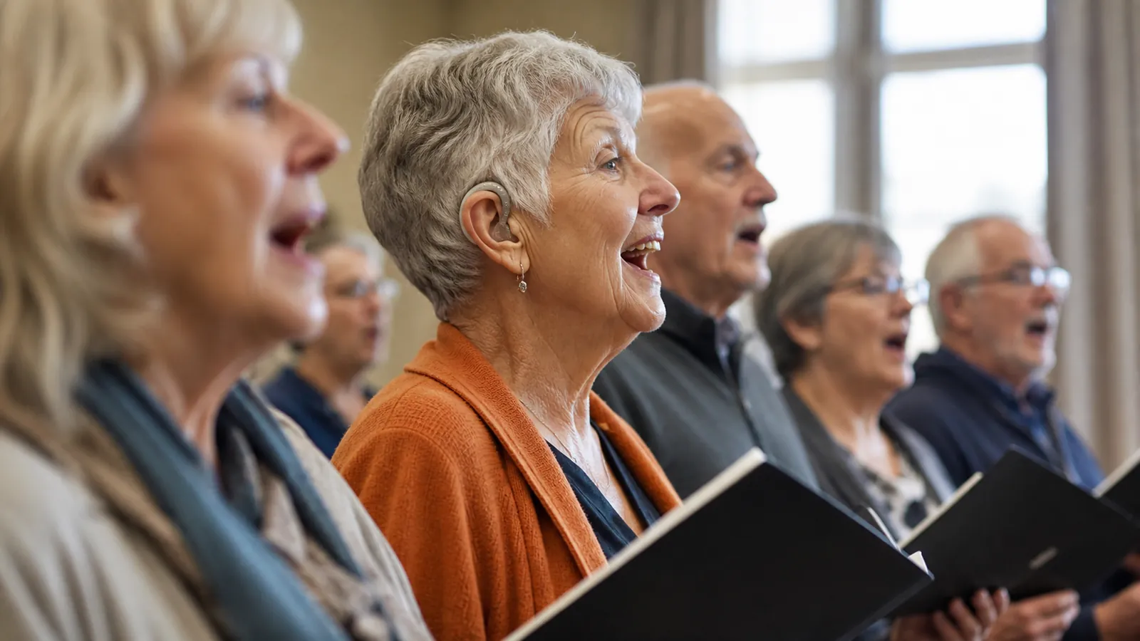 Older woman singing joyfully in a community choir, hearing aid glinting