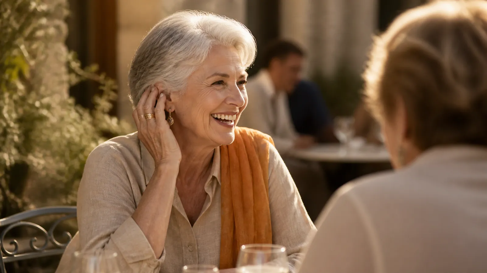 Older woman laughing in conversation while wearing a discreet OTC hearing aid