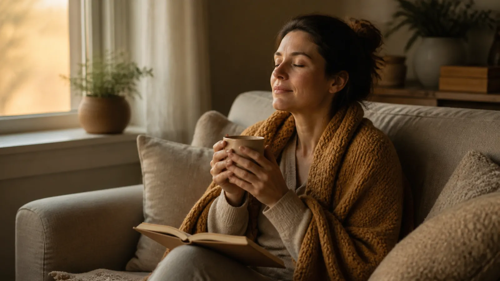 Family caregiver taking a quiet restorative moment with coffee at dawn