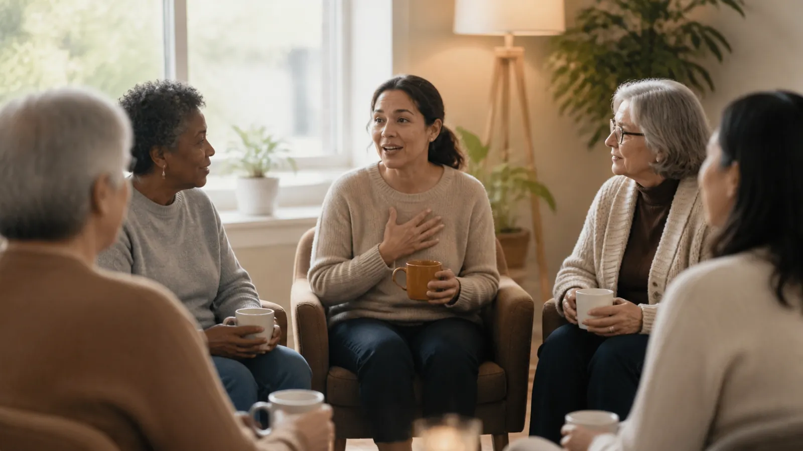 Family caregivers sharing experiences in a warm daytime support group