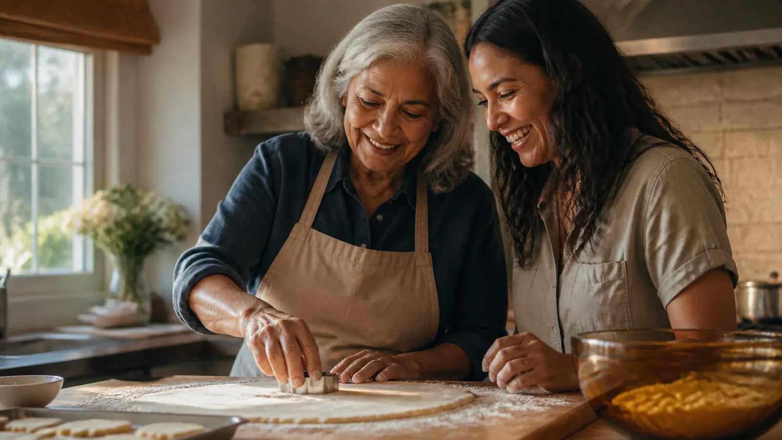Mother and daughter laughing while baking together in a sunlit kitchen