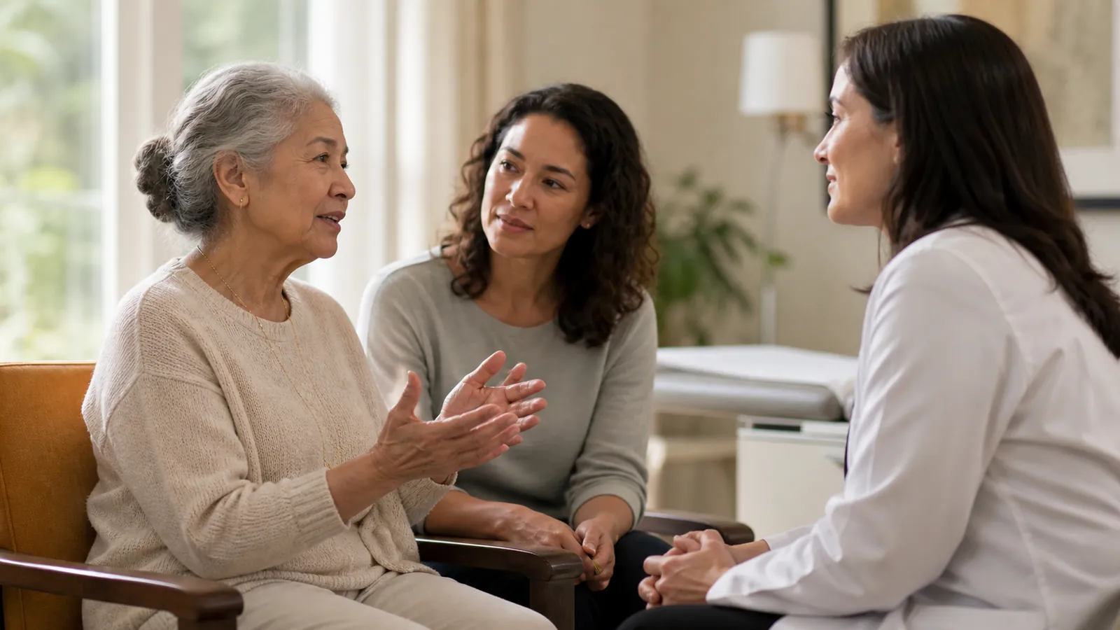 Older woman speaking with her doctor, her adult daughter beside her in support
