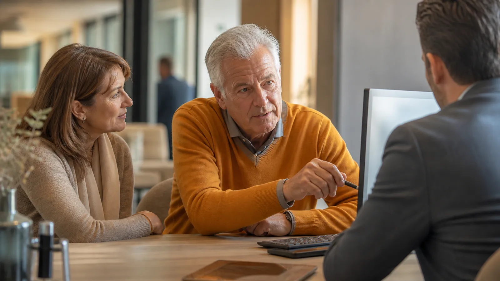 Older man setting up bank account alerts with a banker, his daughter beside him