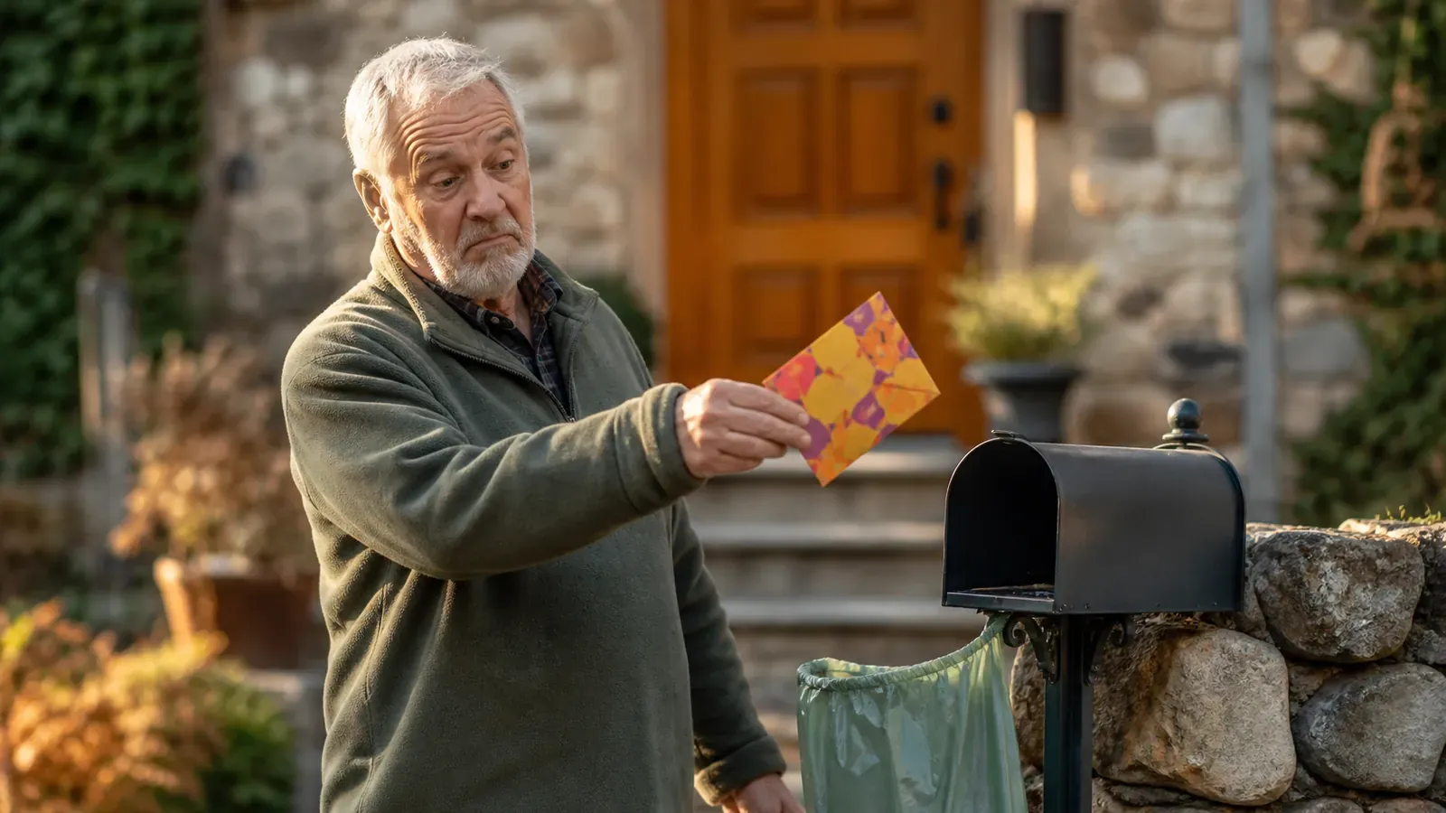 Older man skeptically screening suspicious mail at his mailbox