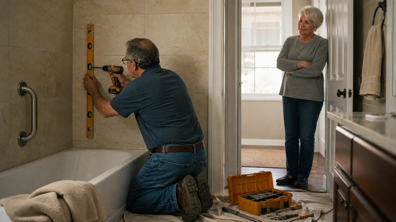 Tradesperson installing a grab bar into bathroom tile while the homeowner watches