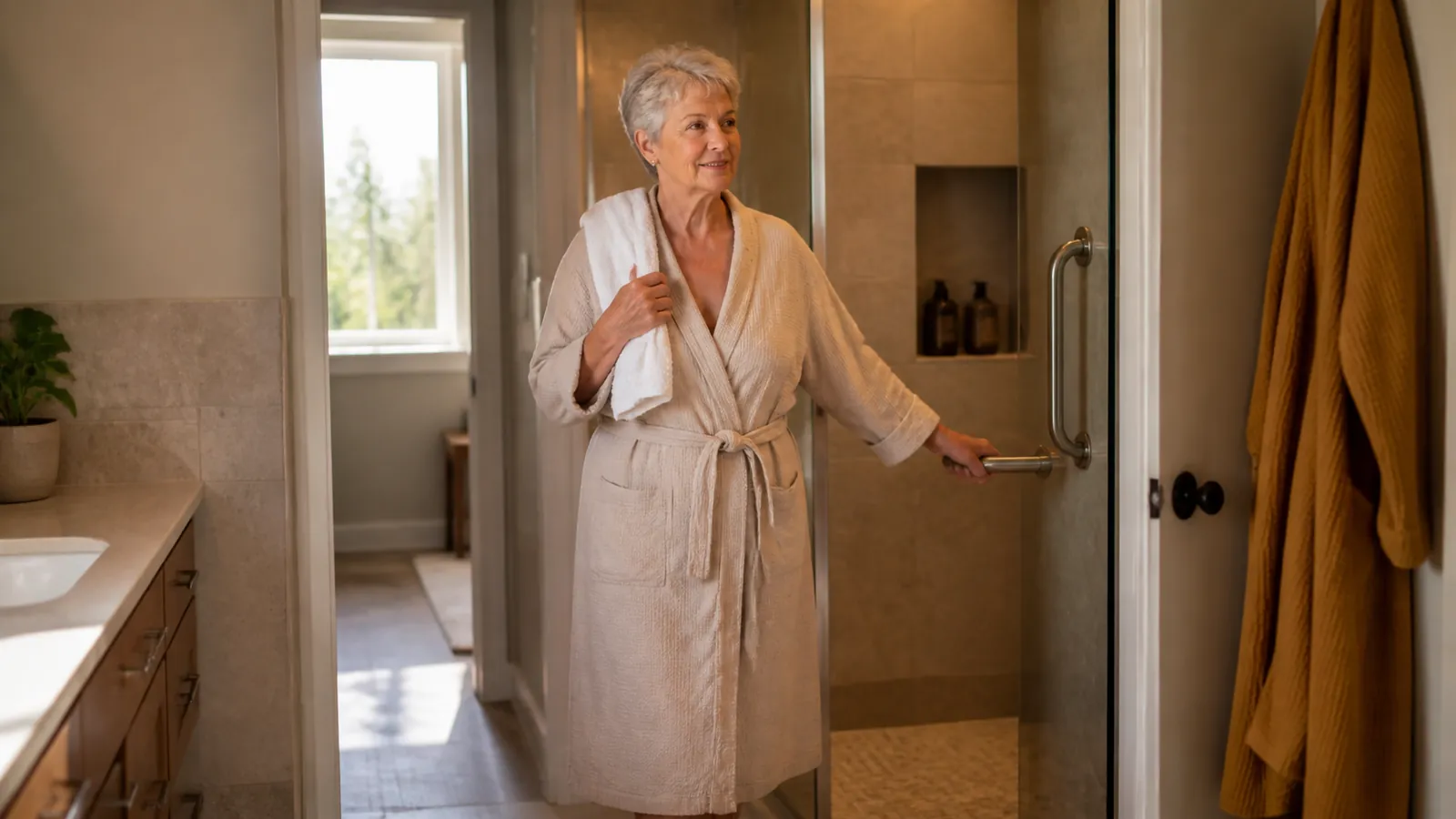 Older woman stepping confidently from her shower using the new grab bar