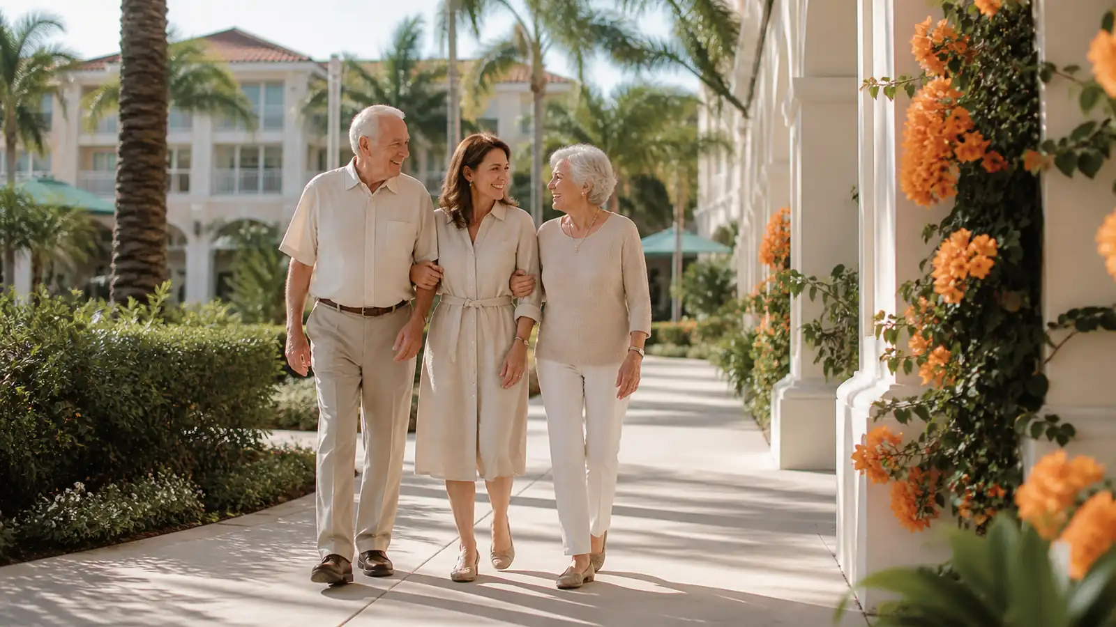 Older couple strolling with their daughter through a sunny Florida assisted-living courtyard