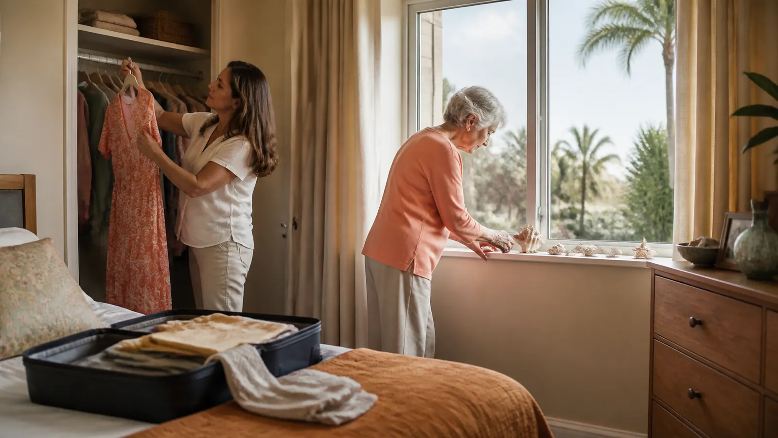 Mother and daughter settling into a bright Florida assisted-living room
