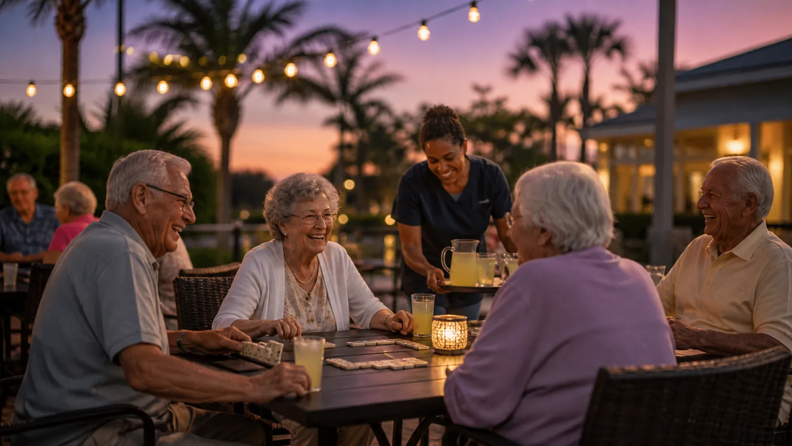 Residents playing dominoes under string lights on a Florida assisted-living terrace