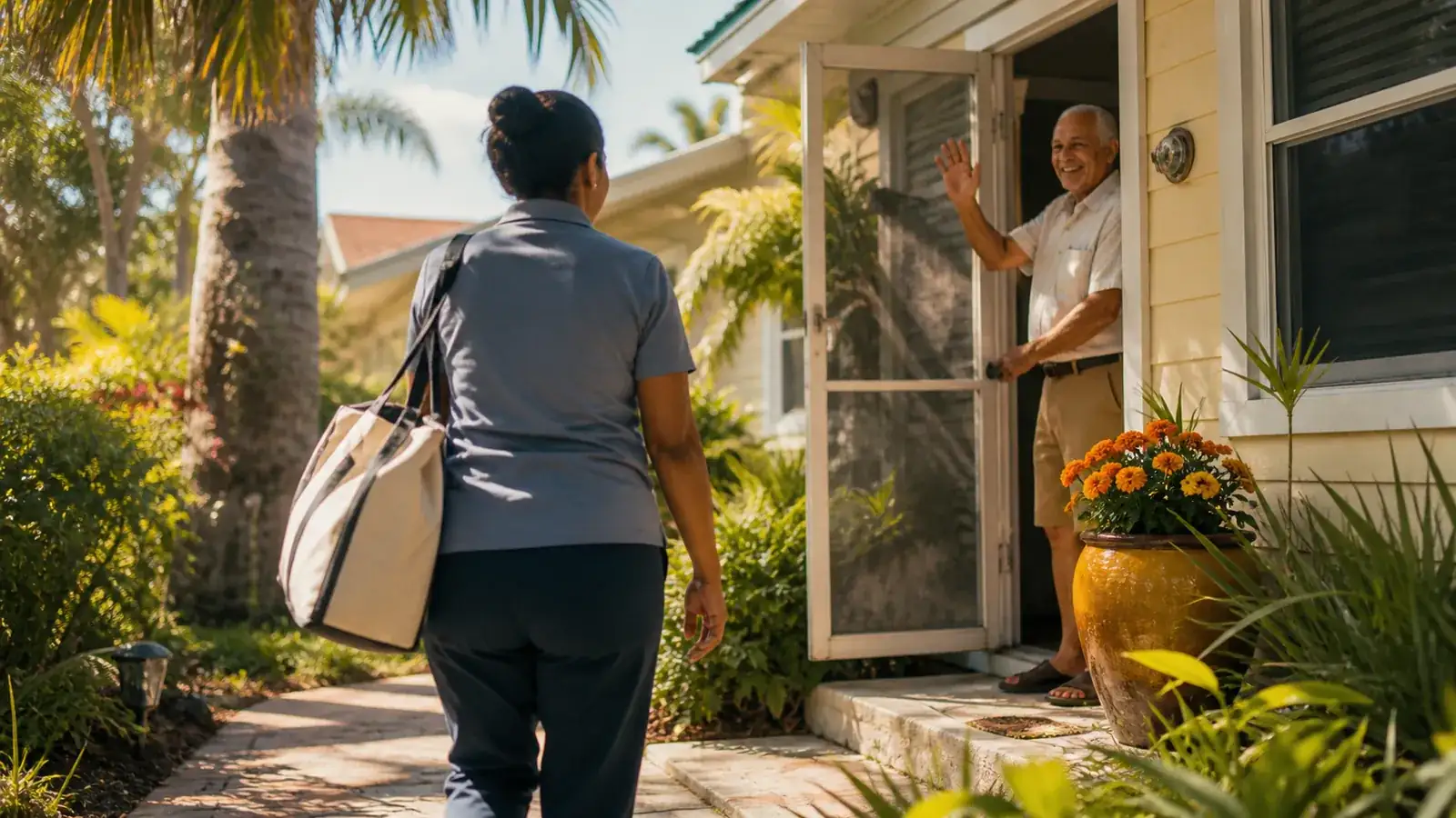 Home health aide arriving at an older man's Florida home for a waiver-funded visit