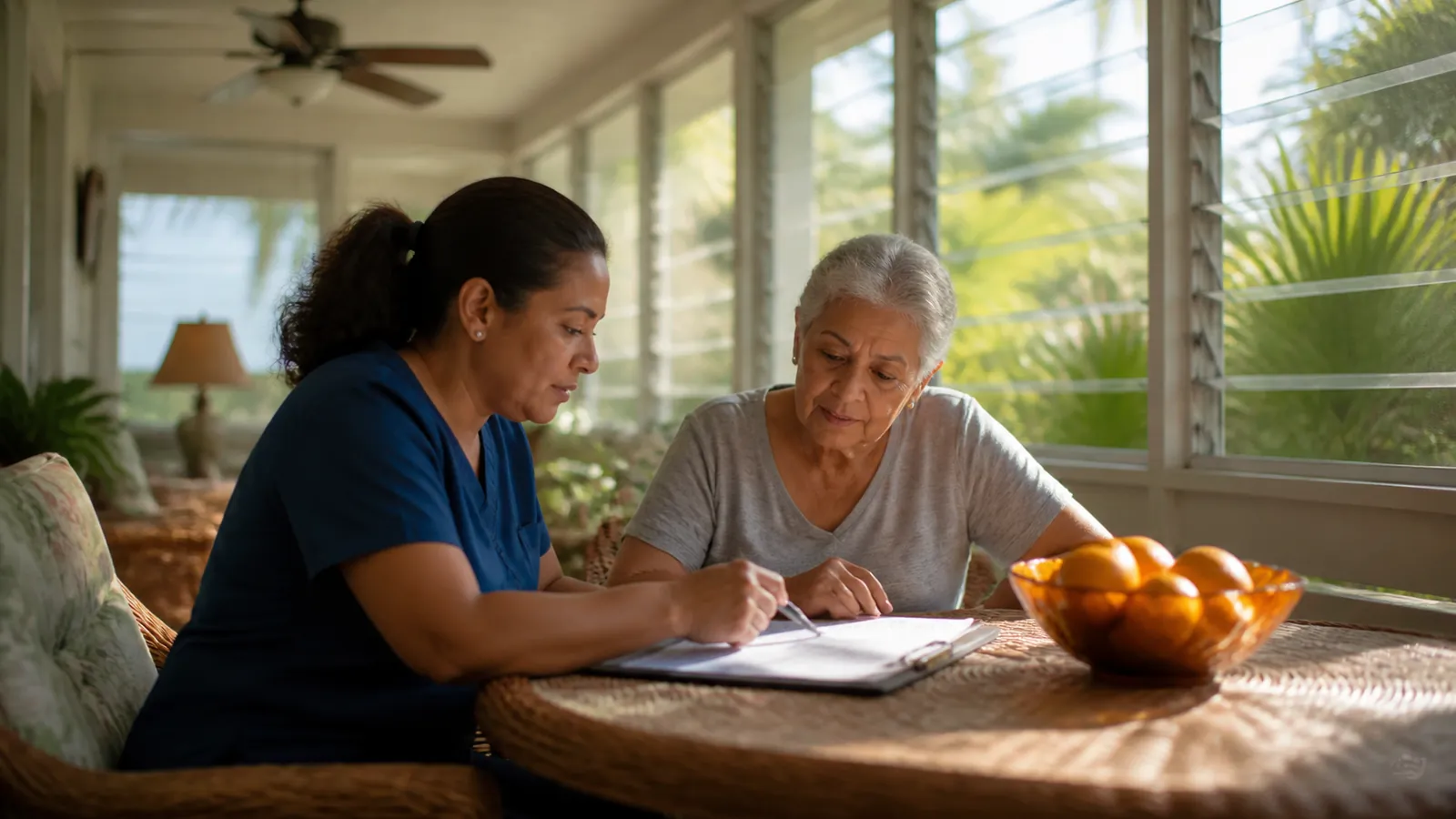 Caregiver reviewing a home-care checklist with an older woman in her Florida home