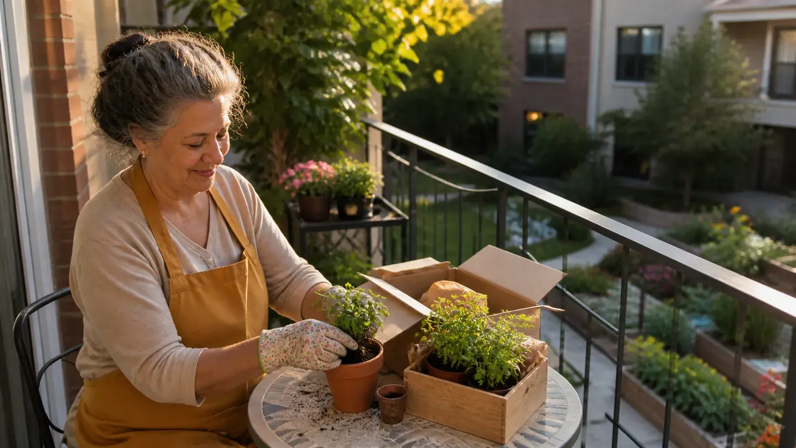 Resident potting herbs on her assisted-living balcony, settled and at home