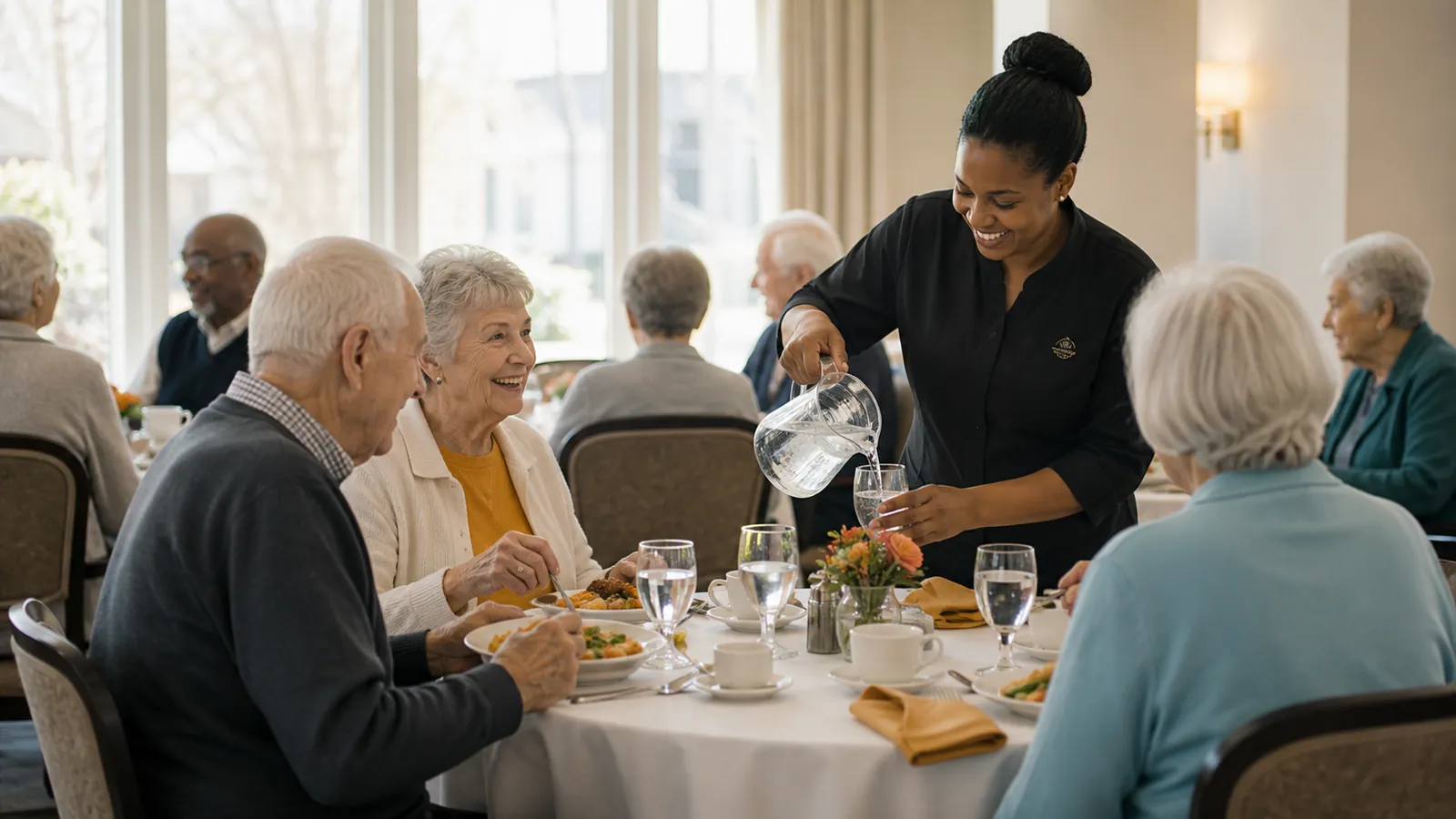 Residents talking over lunch in a bright assisted-living dining room