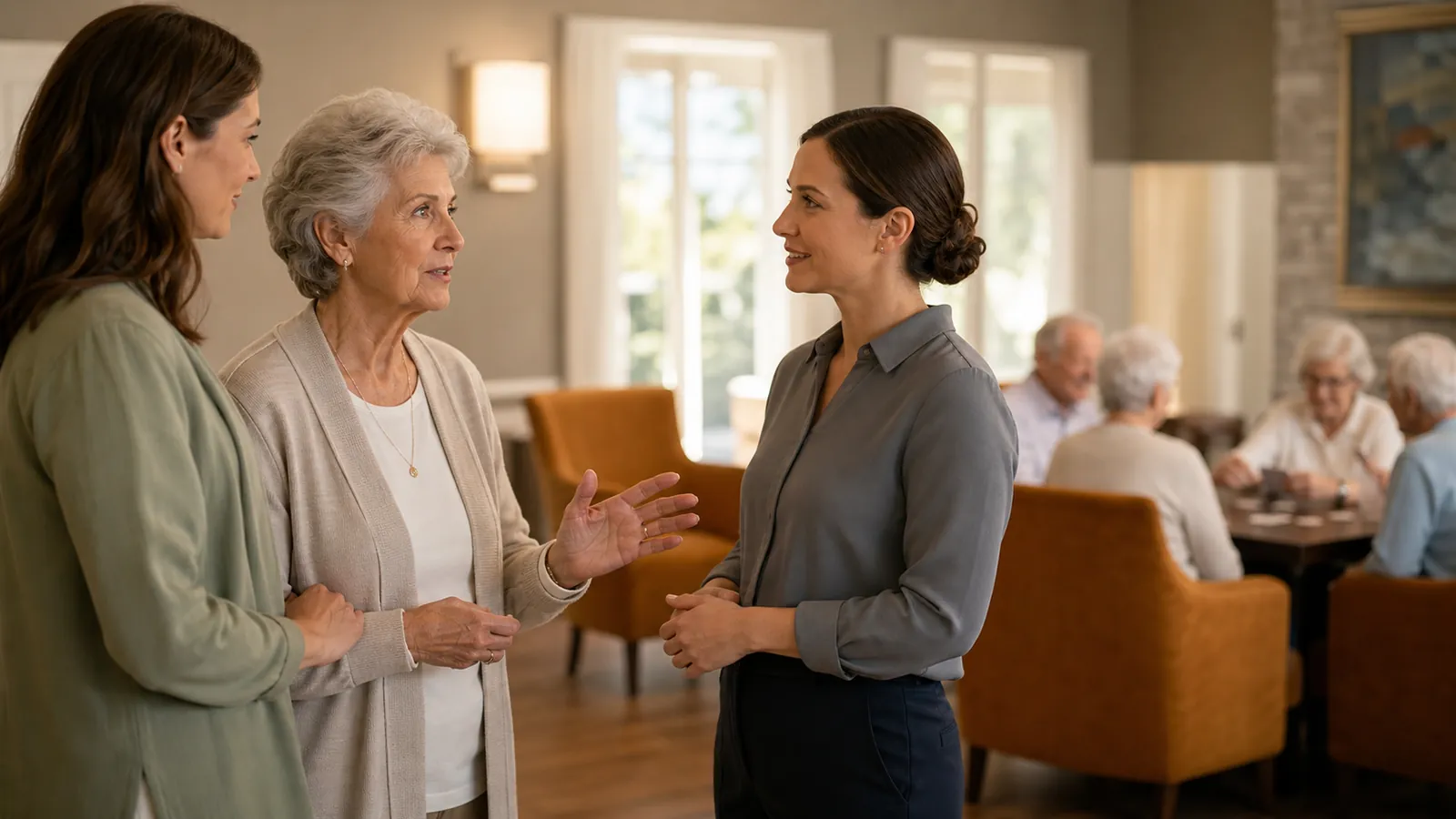 Mother and adult daughter touring an assisted-living community and asking questions
