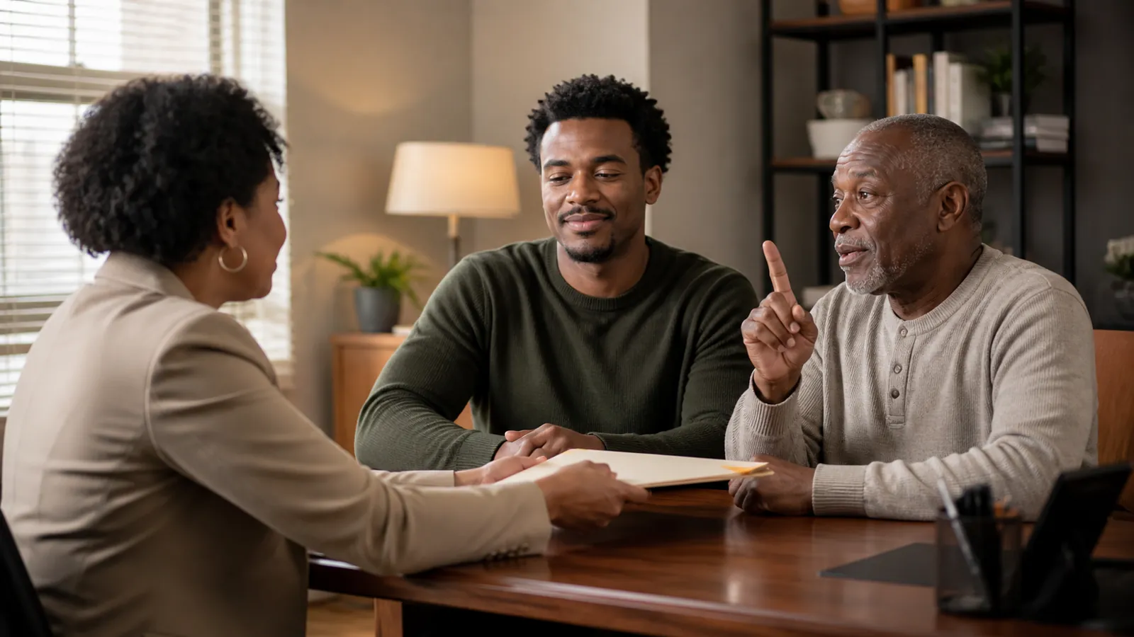 Benefits counselor completing paperwork with an older man and his adult son