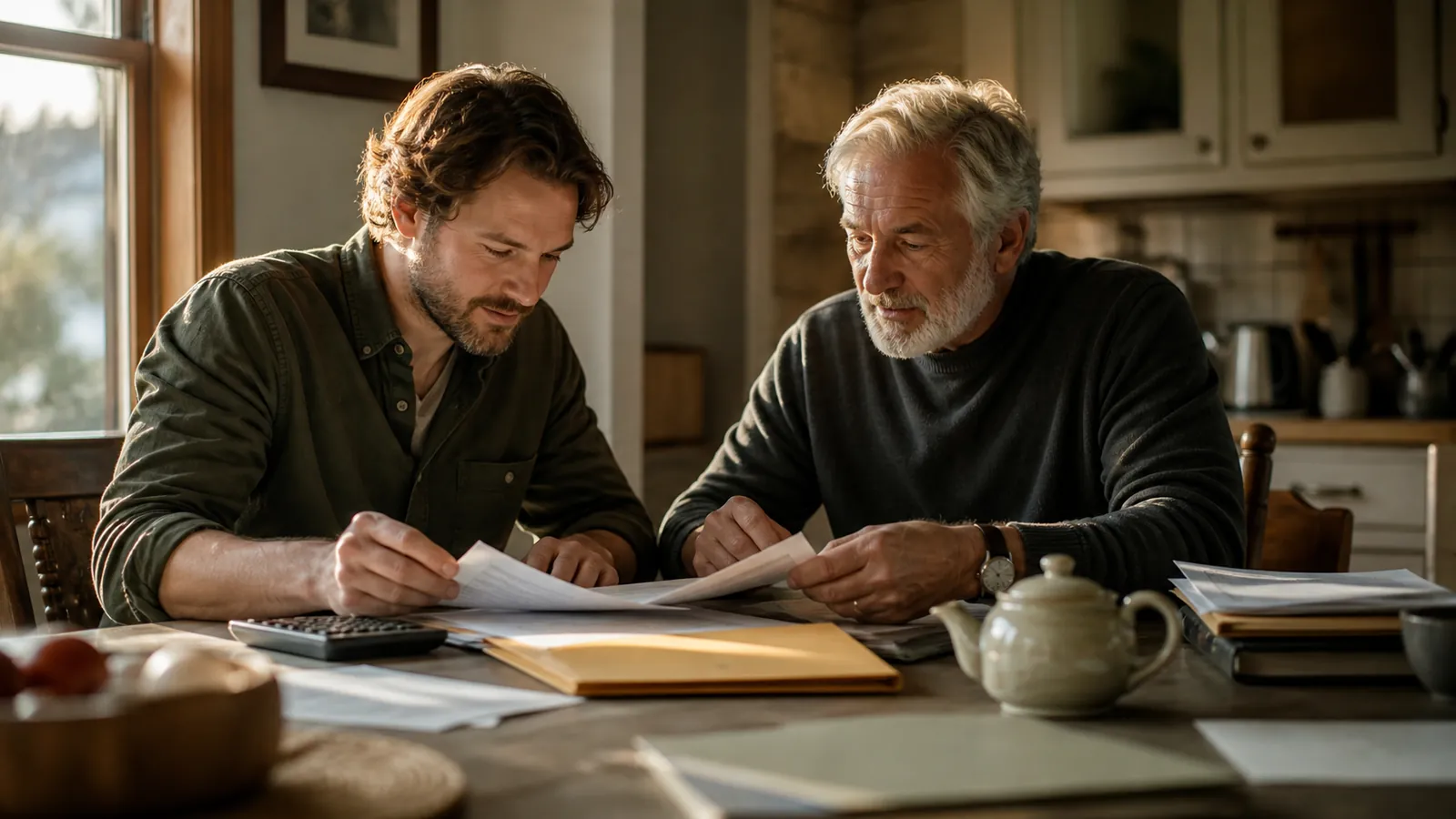 Adult son and father planning how to pay for senior care at the kitchen table