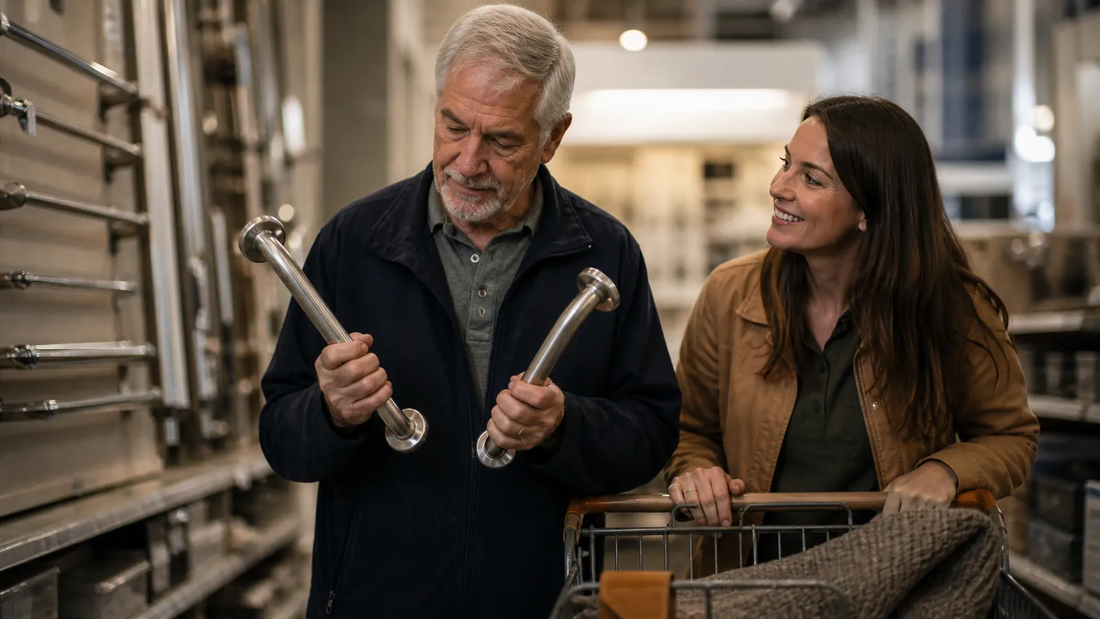 Father choosing his own grab bar at the hardware store, daughter along with the cart