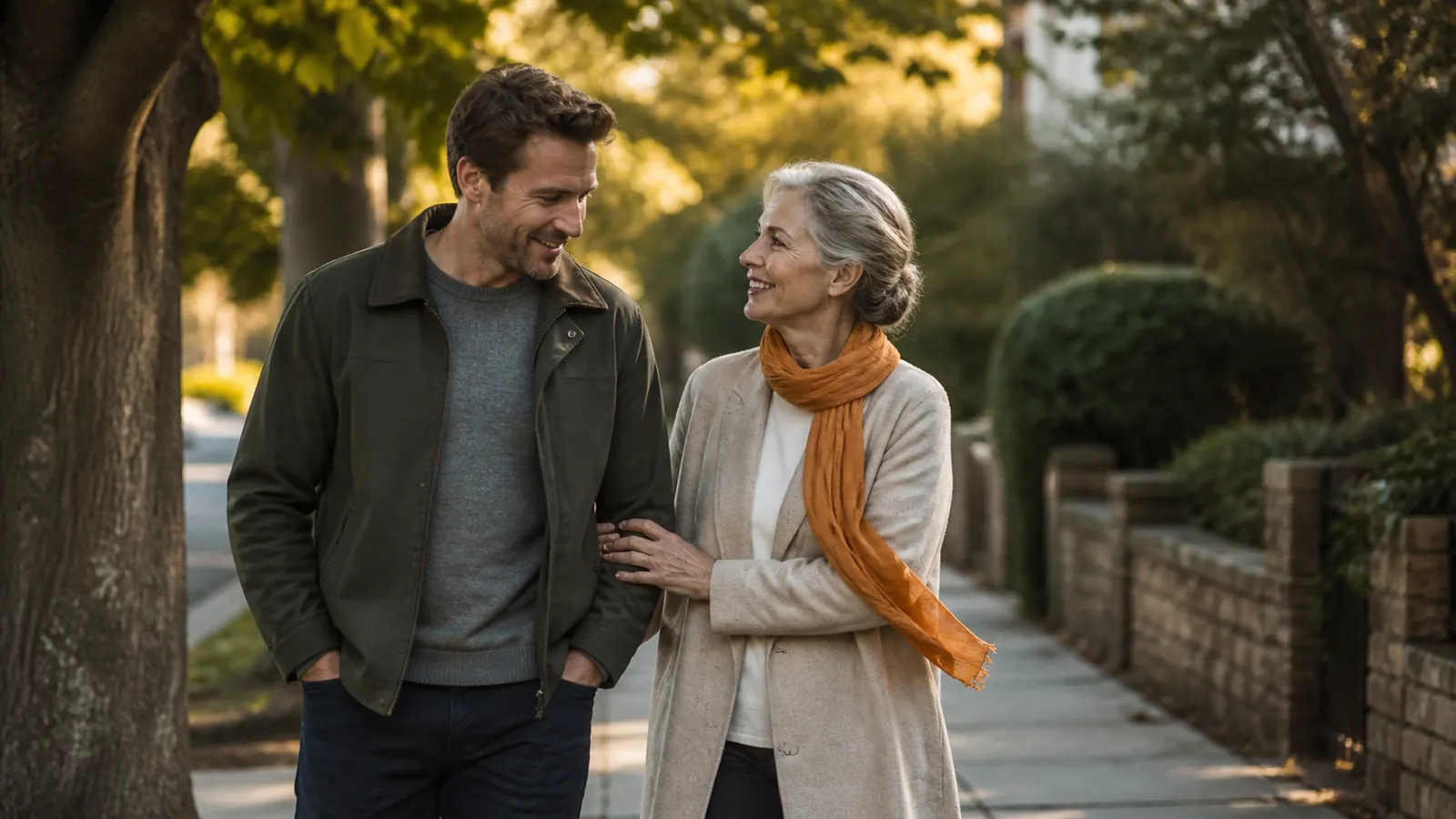 Adult son and his mother talking easily during a neighborhood walk