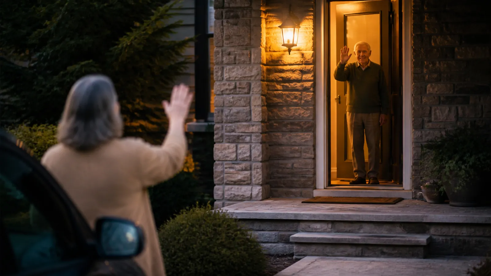 Caregiver and older man waving goodnight at his door as her visit ends