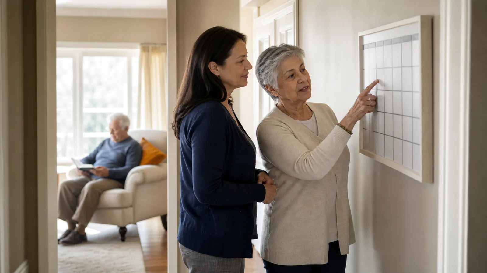 Caregiver and adult daughter planning the weekly care schedule in the hallway