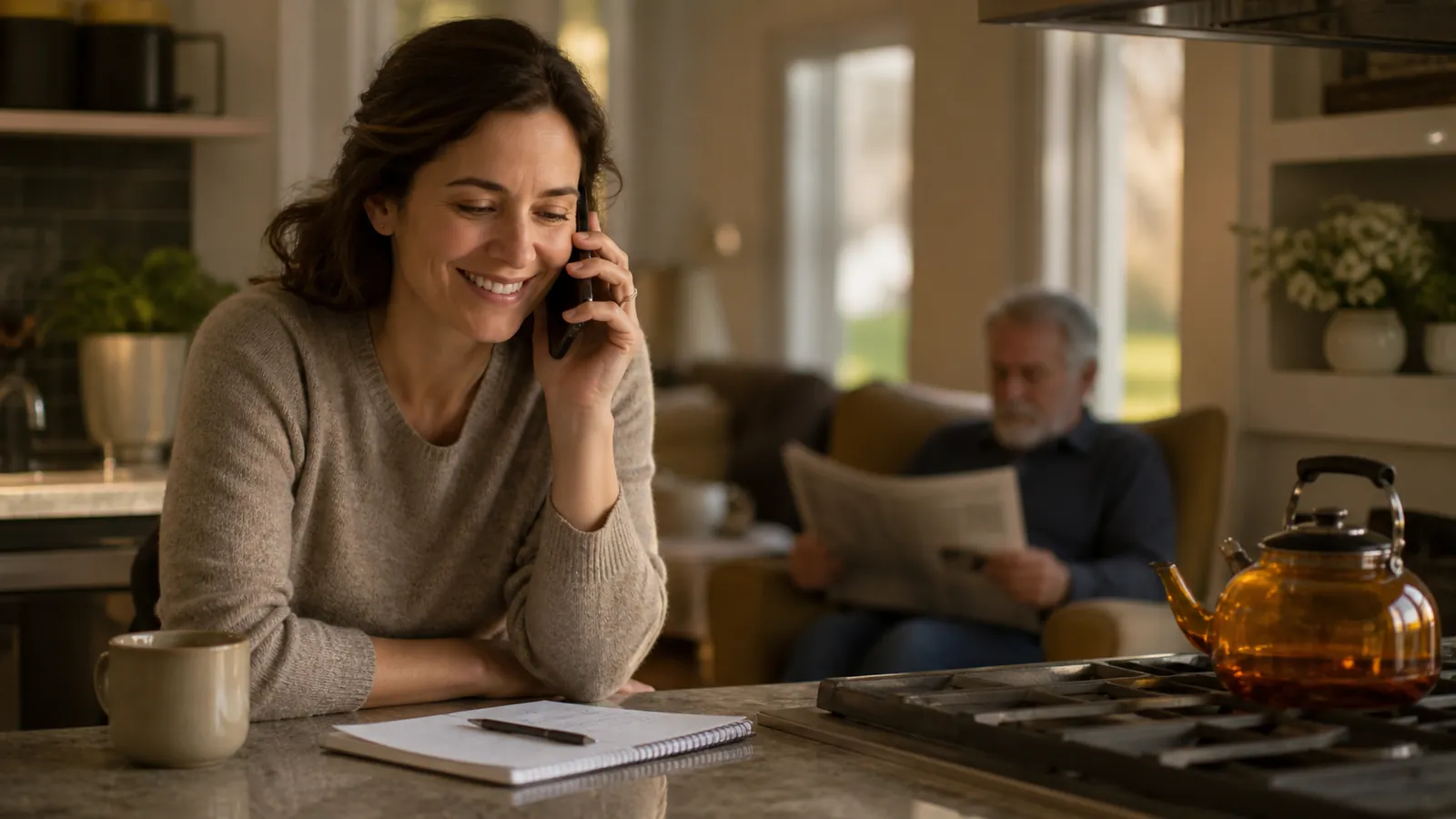 Adult daughter making the care-arrangement call with relief, her father relaxed nearby
