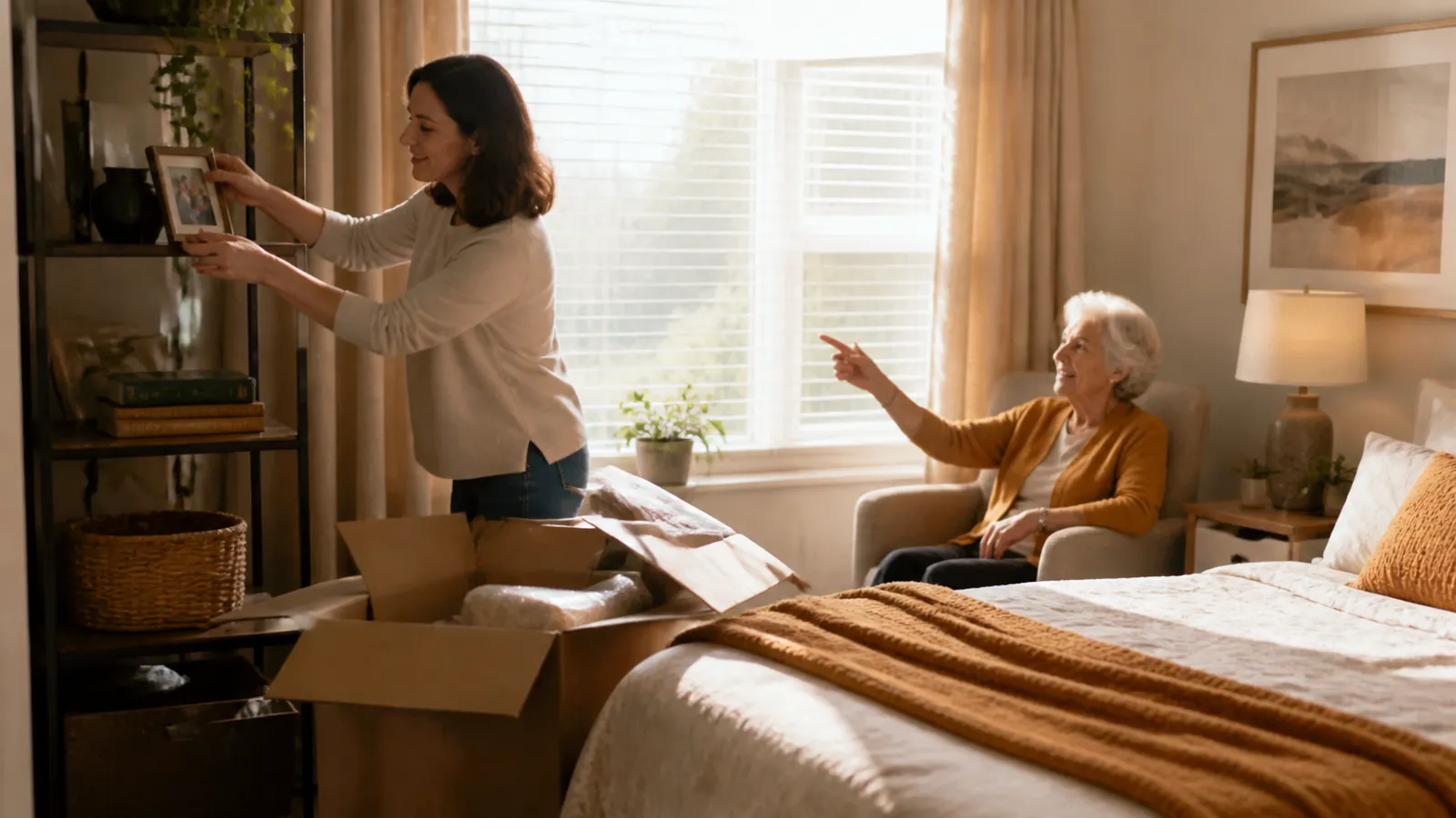 Mother directing her daughter placing family photos while moving into an assisted-living studio