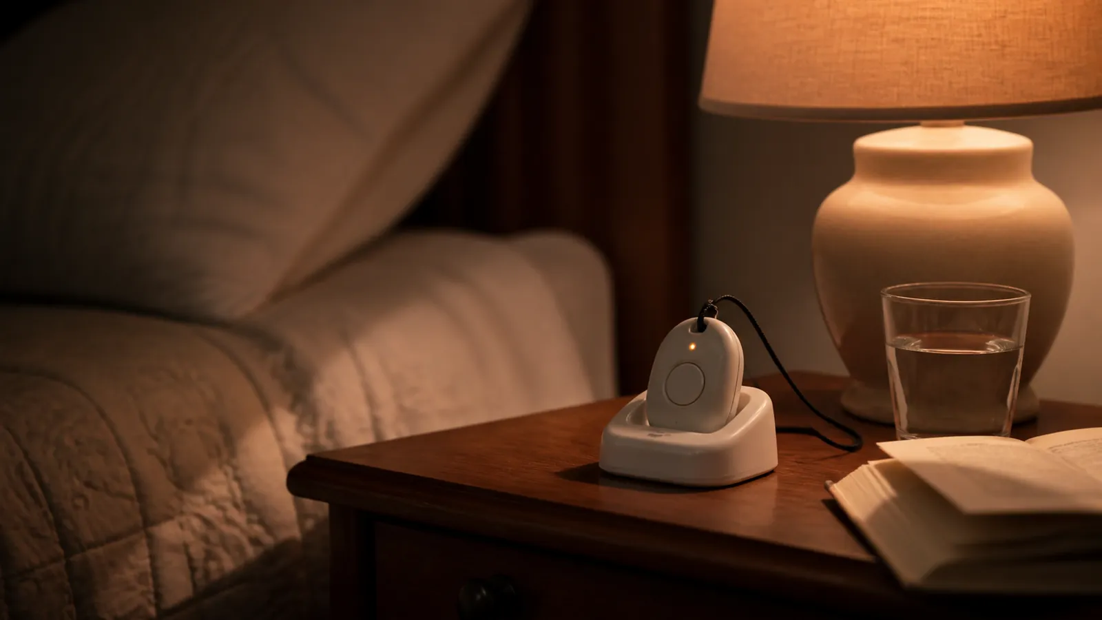 Medical alert pendant charging on a bedside table beside a lamp and book at night