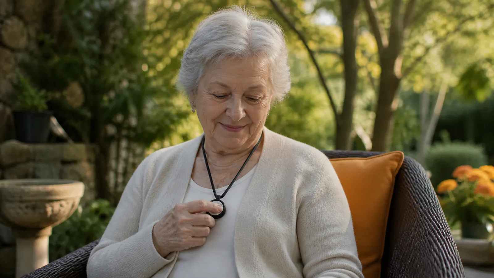 Older woman calmly testing her medical alert pendant in a garden chair