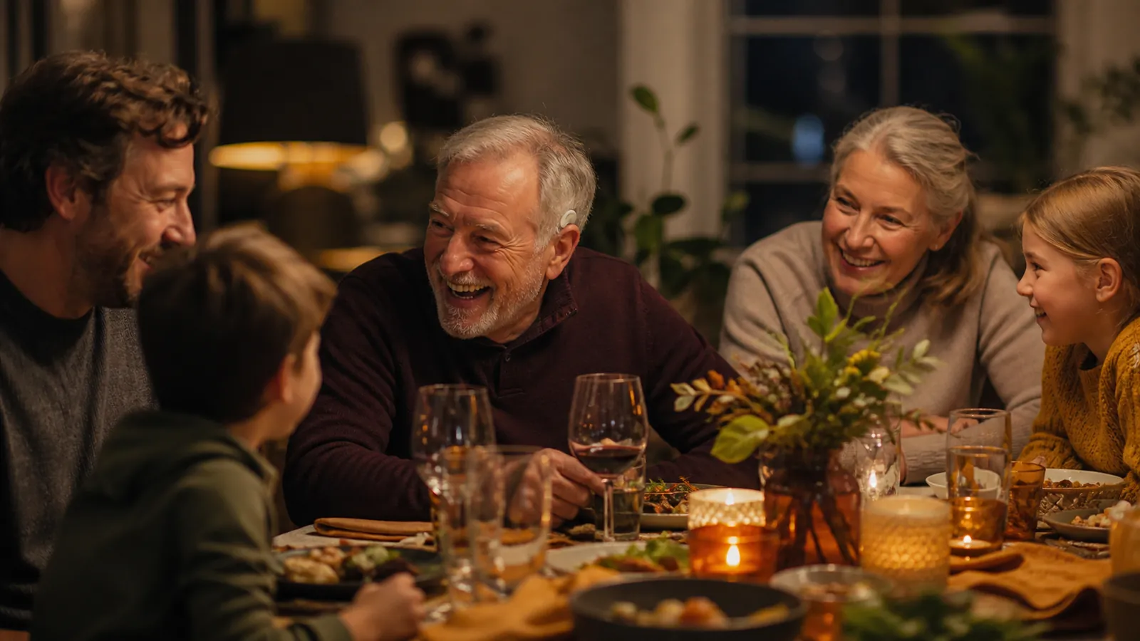 Older man catching every word of a grandchild's joke at a warm family dinner