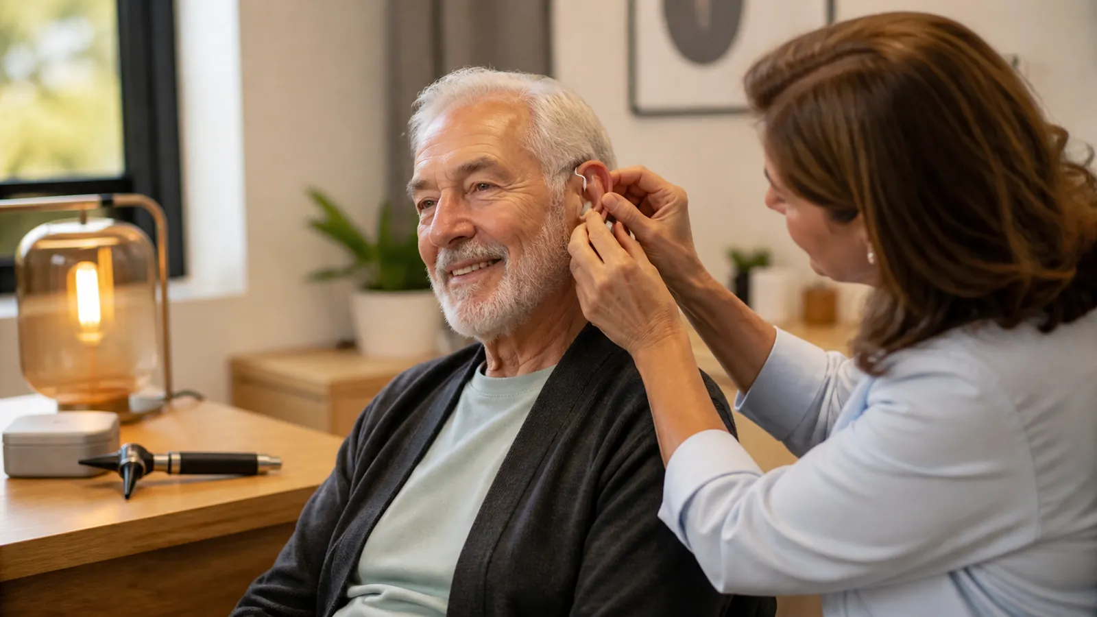 Audiologist fitting a prescription hearing aid on a smiling older man
