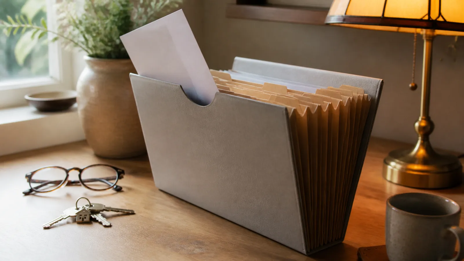 Estate and power of attorney documents organized in an accordion folder on a desk