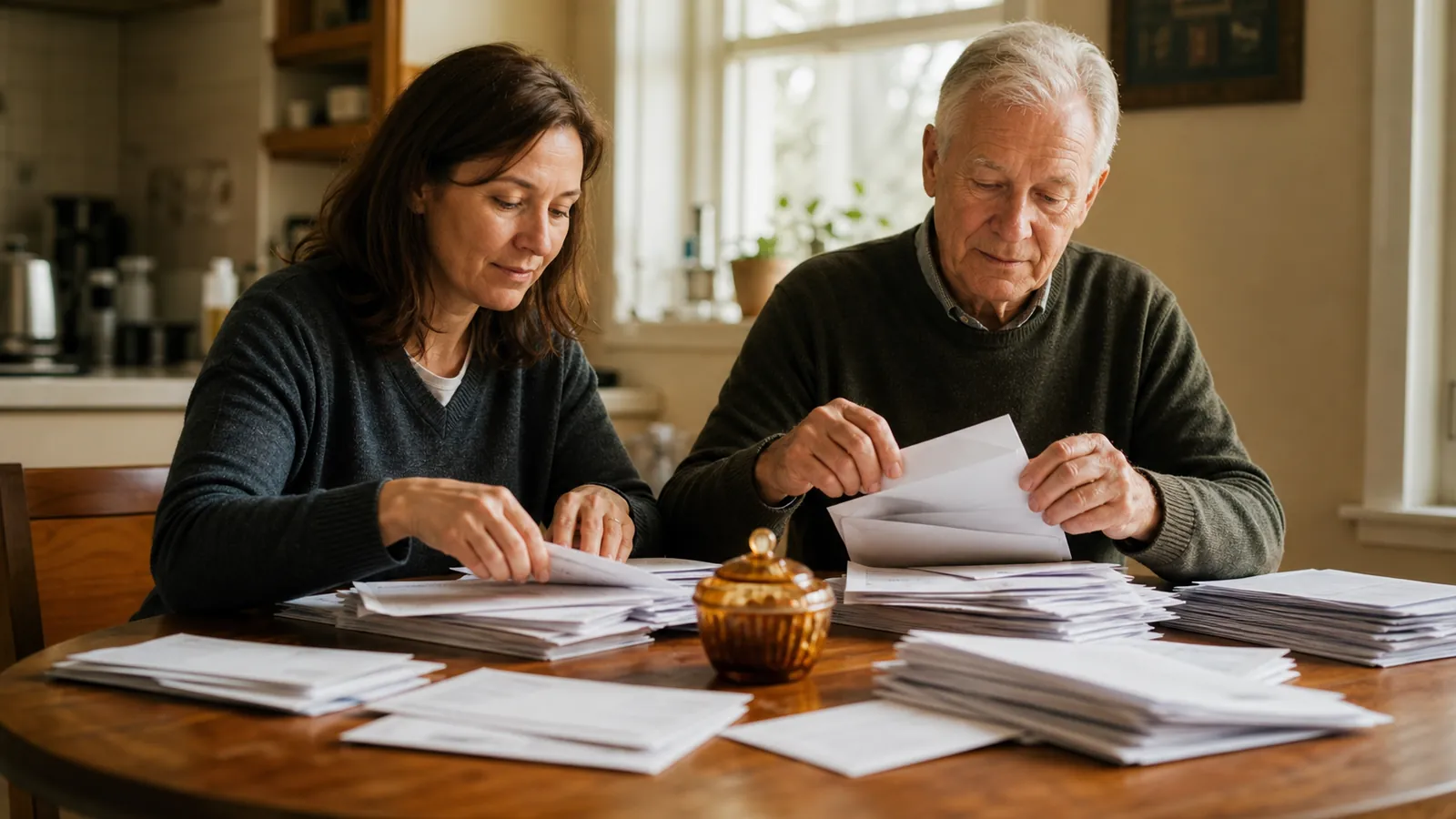 Adult daughter helping her father sort a backlog of mail at his kitchen table