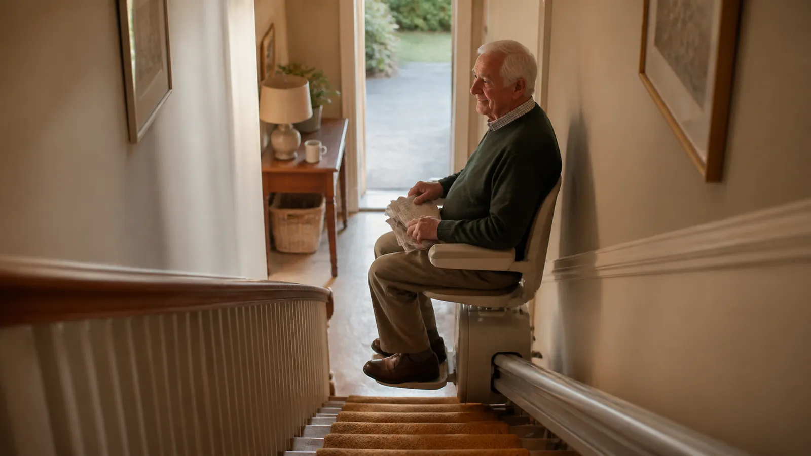 Older man riding his stair lift down to morning coffee, paper on his lap