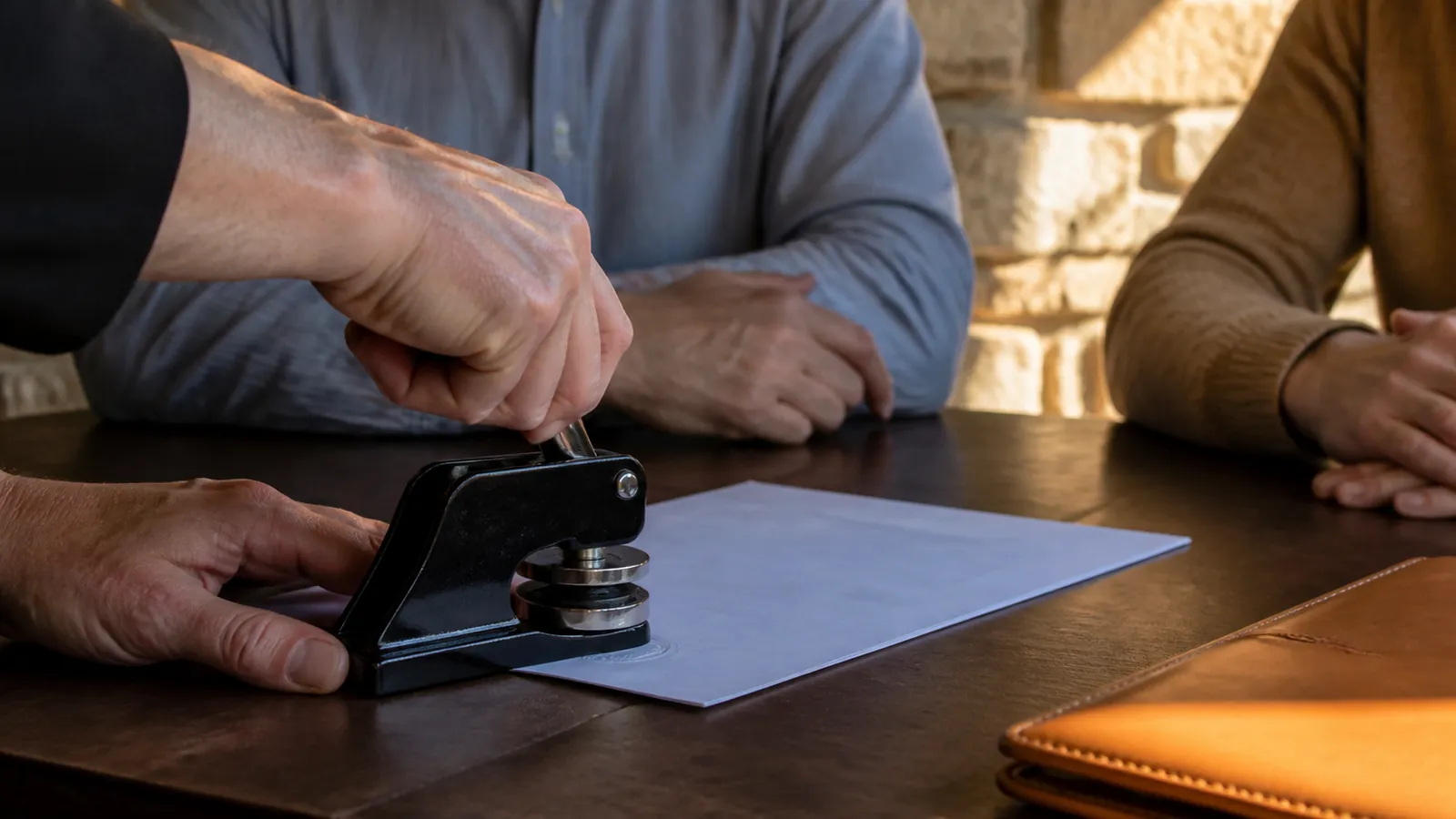 Notary seal being embossed on Texas power of attorney documents with witnesses present