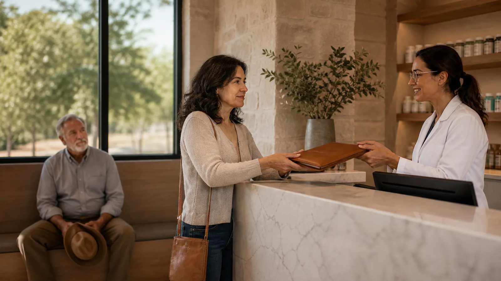 Daughter using the power of attorney smoothly at a Texas pharmacy counter, father waiting at ease