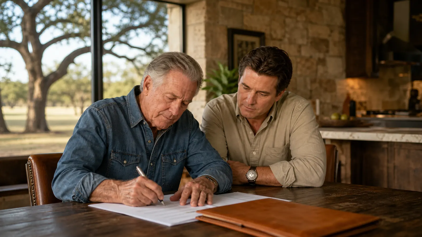 Older Texan signing power of attorney documents at his kitchen table with his son
