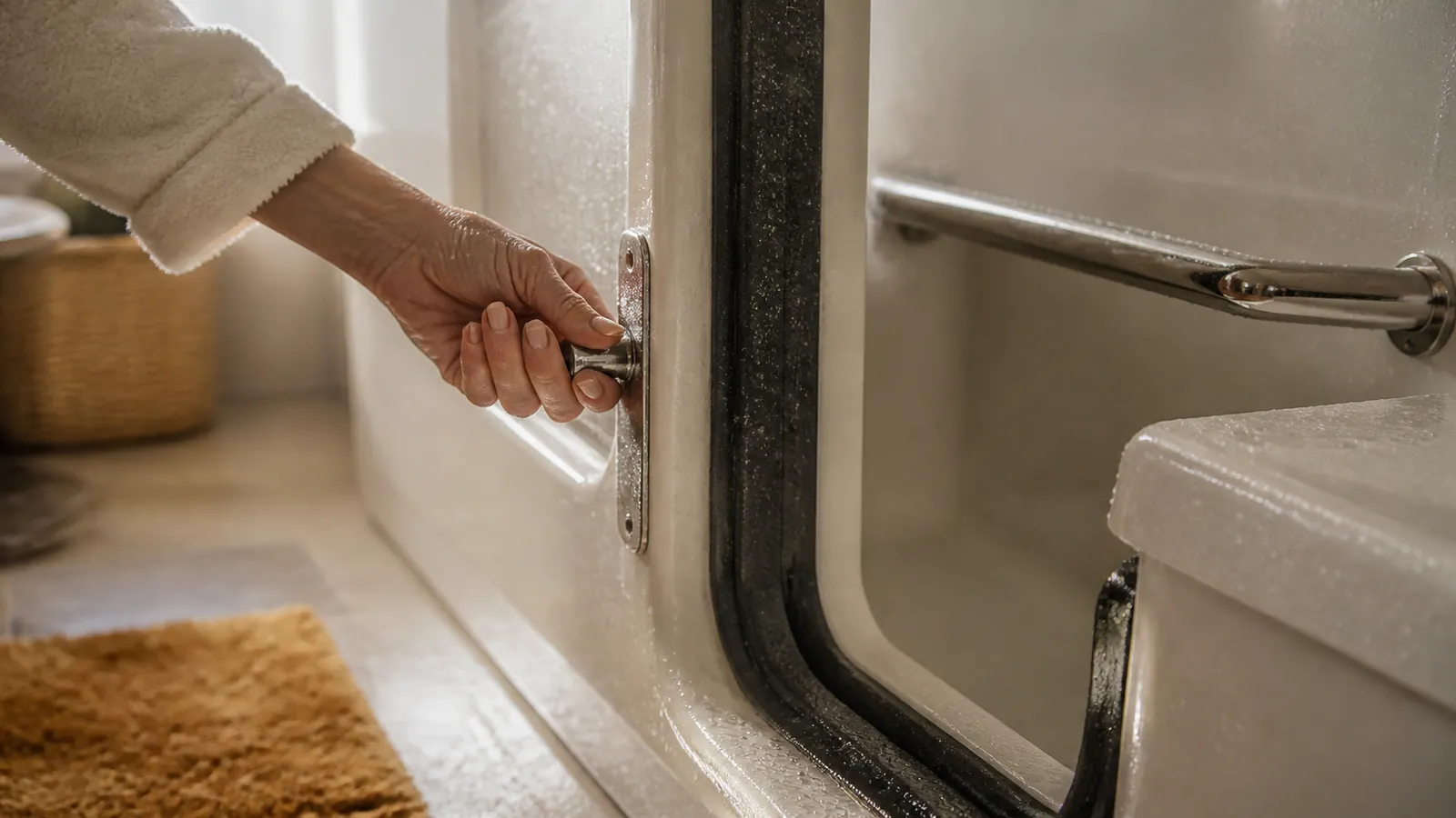 Close-up of a walk-in tub door seal, latch, and grab rail with water beading