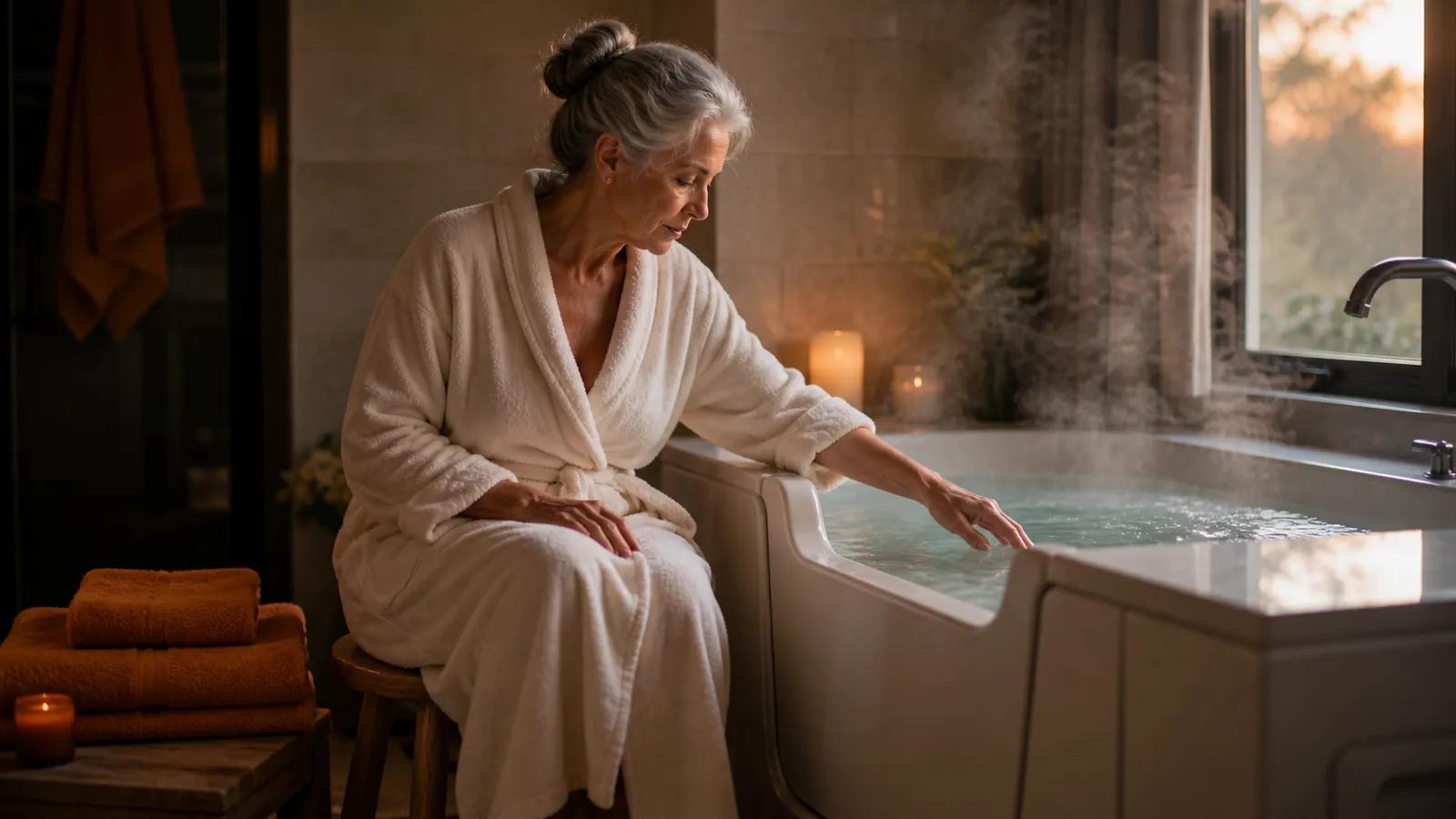 Older woman testing the water of her walk-in tub, evening bath ritual reclaimed