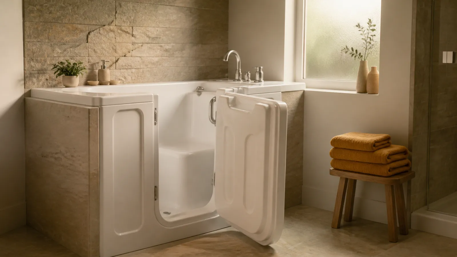 Walk-in tub with door open showing the built-in seat in a renovated bathroom